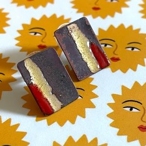 Unusual vintage enamel on metal earrings abstract purple gold red